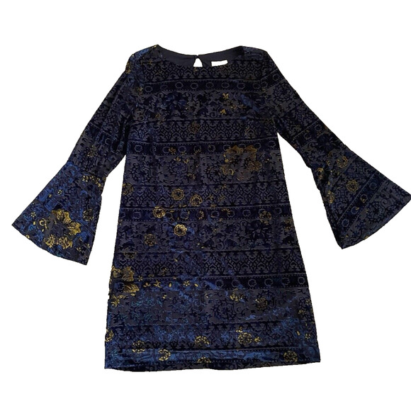 NWT Eci NY Shift Dress Medium Navy & Gold Velvet Flutter Bell Sleeves Boho Dress - Picture 5 of 16